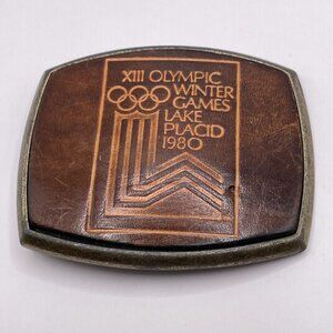 1980 VTG Lake Placid Olympics Winter New York Brown Leather Belt Buckle El Cid